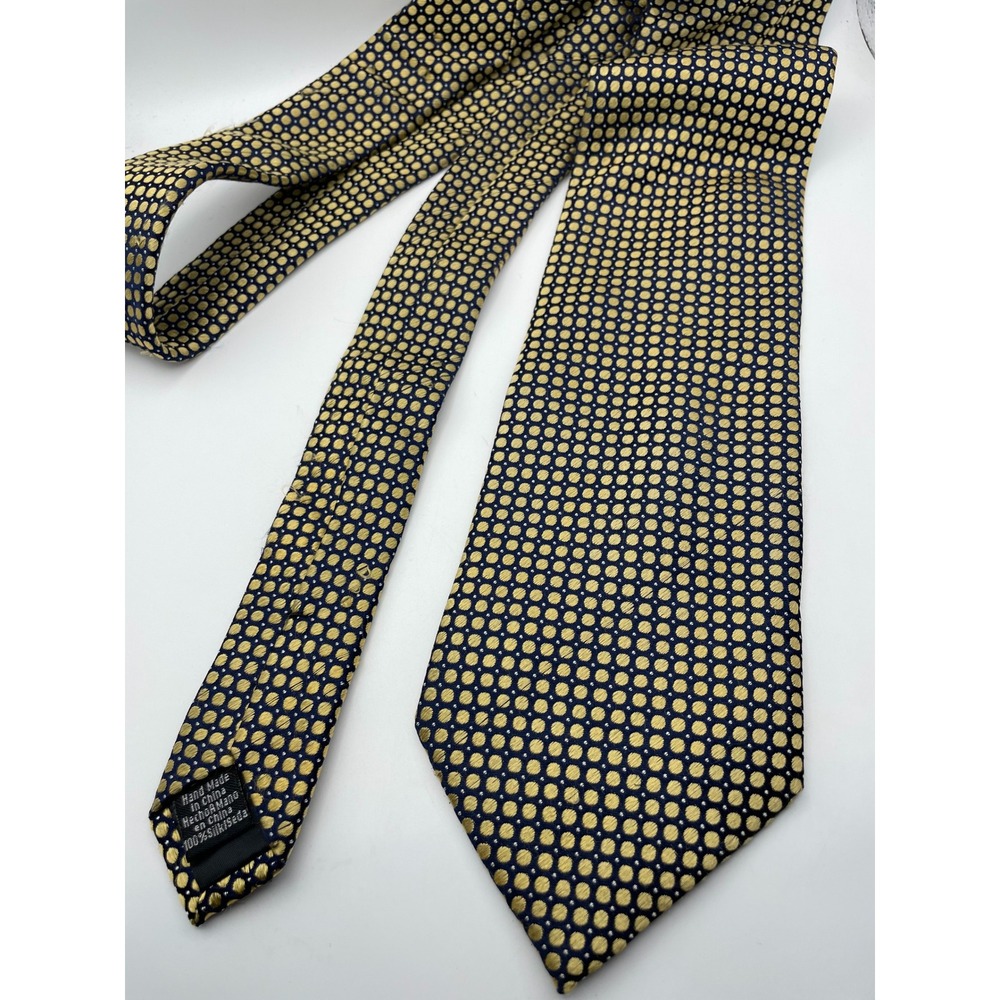 Stafford Essentials Mens Navy Blue Gold Geometric Dot 100% Silk Hand Made Tie